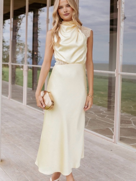 Petal & Pup Dresses & Skirts - Petal & Pup Pale Yellow Anabelle Halter Neck Lace Maxi Dress